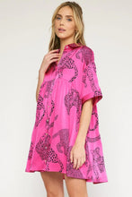Satin Cheetah Print Collared Button Up Mini Dress (Hot Pink)