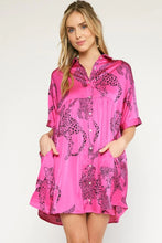 Satin Cheetah Print Collared Button Up Mini Dress (Hot Pink)