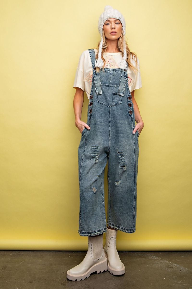 Keagan Washed Denim Loose Fit Capri Overalls (Blue) – Audrey 'n Elise