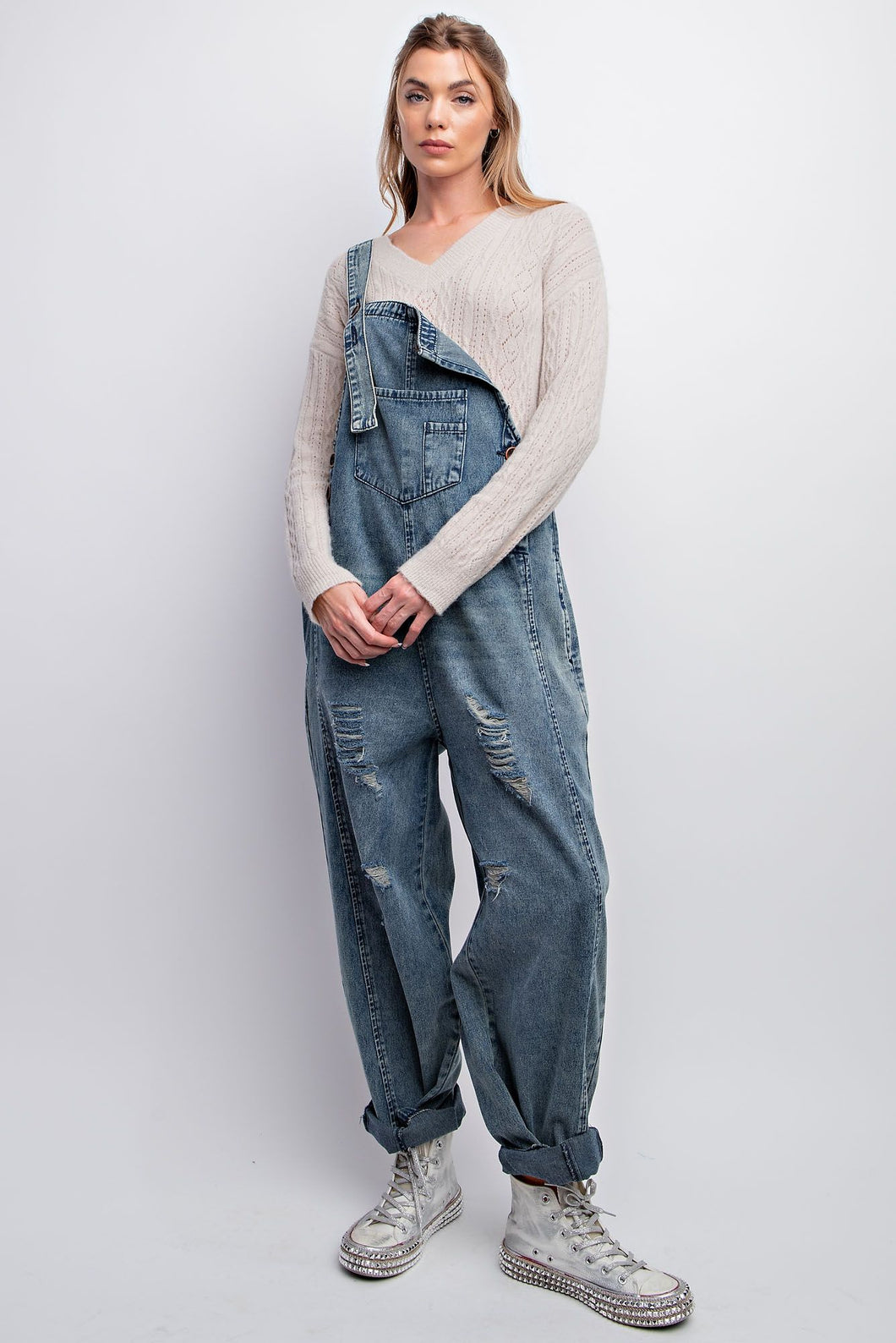 Lucy Distressed Washed Denim Overalls (Blue)