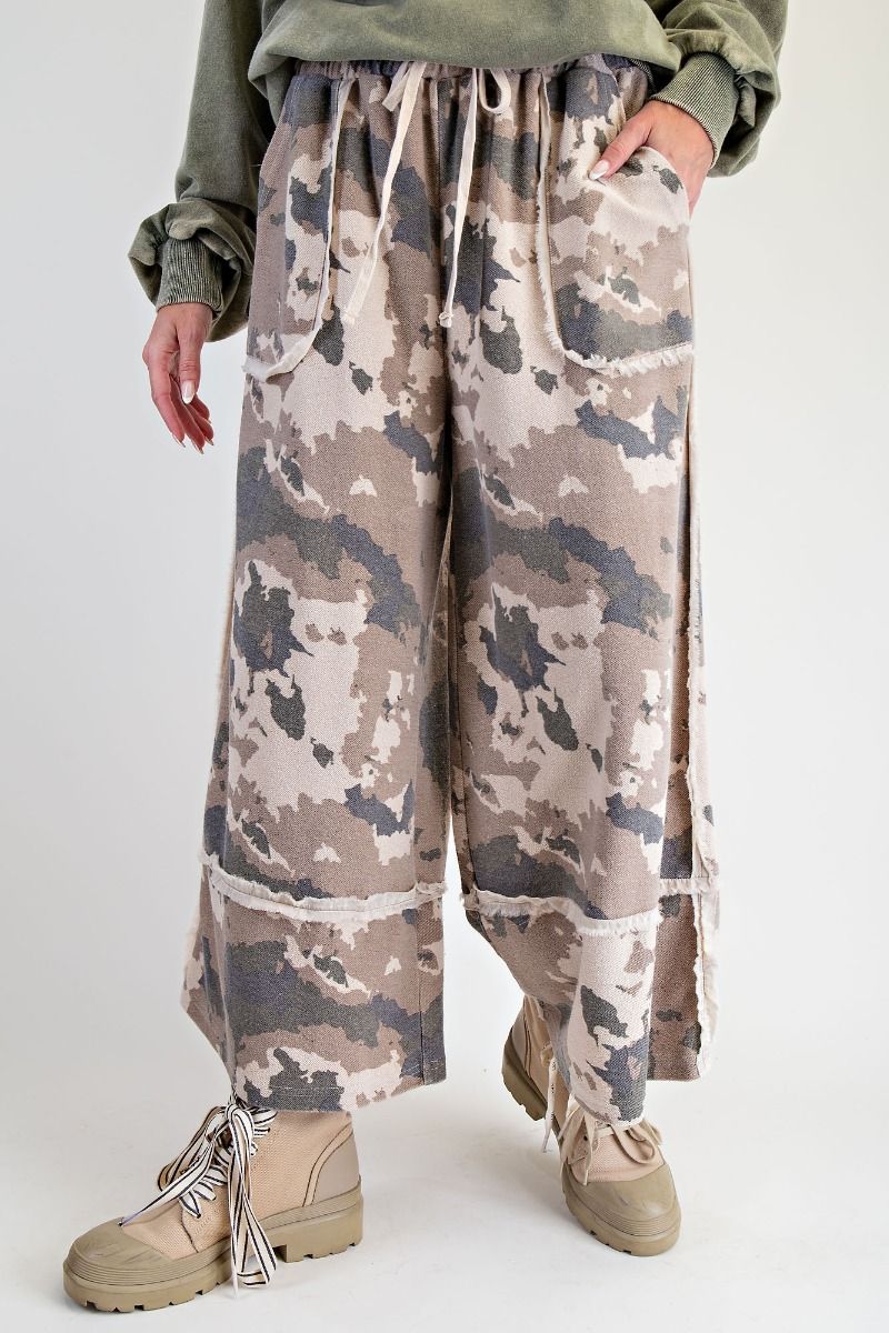 Camouflage Print Washed Terry Cloth Pants