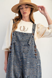 Animal Printed Washed Denim Overalls