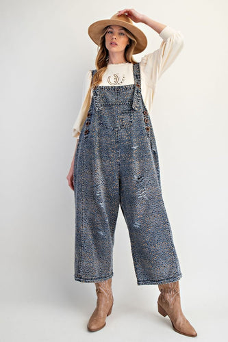 Animal Printed Washed Denim Overalls