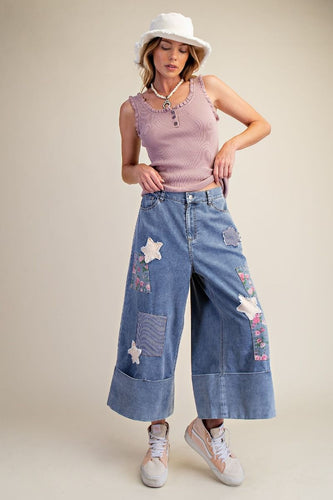 Patchwork Stone-Washed Cropped Denim Pants
