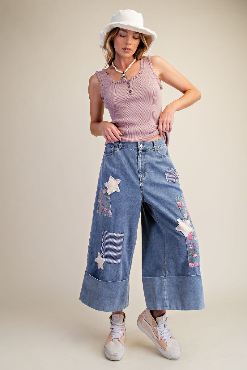 Patchwork Stone-Washed Cropped Denim Pants