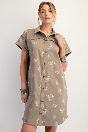 Western Printed Washed Twill Shirt Dress (Faded Olive)