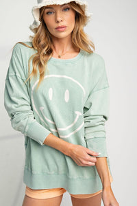 Mineral Wash Smiley Happy Face Pullover (Seafoam)