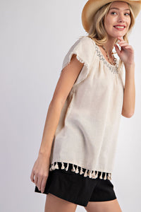 Boho Breeze Tassel Linen Top (Natural)