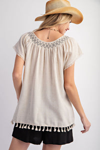 Boho Breeze Tassel Linen Top (Natural)