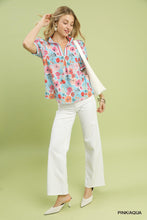 Seaside Bloom Split Neck Blouse (Pink/Aqua)