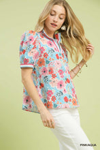 Seaside Bloom Split Neck Blouse (Pink/Aqua)