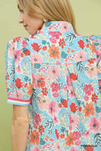 Seaside Bloom Split Neck Blouse (Pink/Aqua)