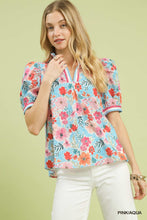 Seaside Bloom Split Neck Blouse (Pink/Aqua)