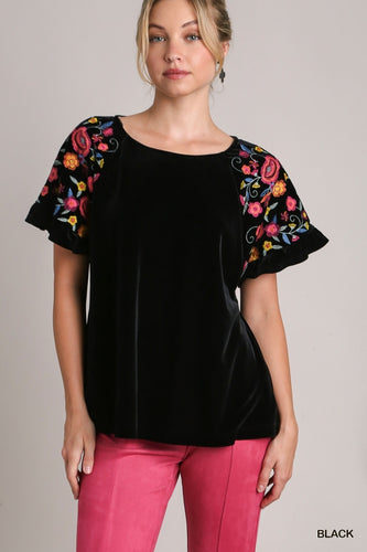 Velvet embroidery Short Ruffle Sleeve Top  (Black)