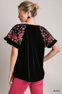 Velvet embroidery Short Ruffle Sleeve Top  (Black)