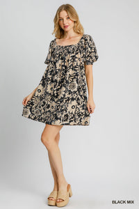 Dahlia Floral Print Mini Dress (Black)
