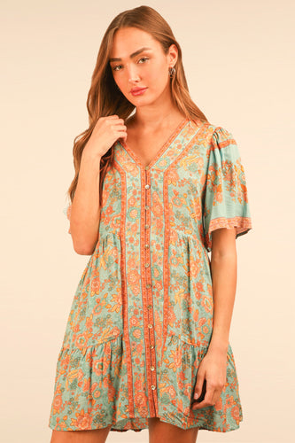 Shirring Detail Printed Woven Mini Dress (Blue Mix)
