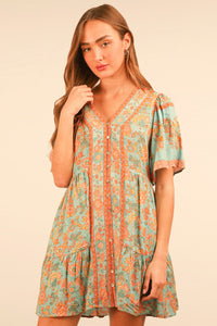 Shirring Detail Printed Woven Mini Dress (Blue Mix)