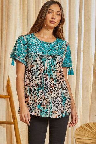 Lainey Leopartd and Turquoise Curvy Top (Turquoise)