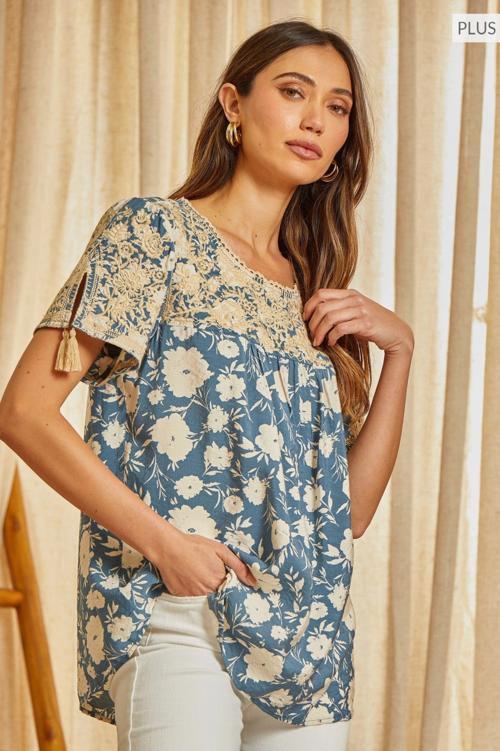 Classic Floral Embroidered Curvy Top (Denim)