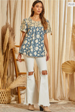 Classic Floral Embroidered Curvy Top (Denim)