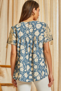 Classic Floral Embroidered Top (Denim)