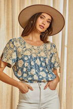 Classic Floral Embroidered Top (Denim)