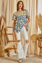 Classic Floral Embroidered Top (Denim)