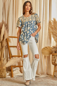 Classic Floral Embroidered Top (Denim)