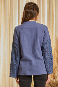 Embroidered Top with Eyelet Sleeves (Denim)