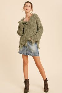 Anderson Distressed Popcorn Knit Sweater (Olive)