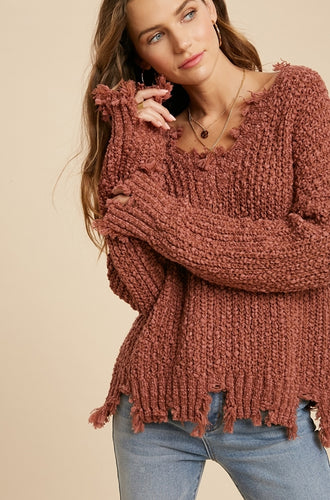 Anderson Distressed Popcorn Knit Sweater (Brick)