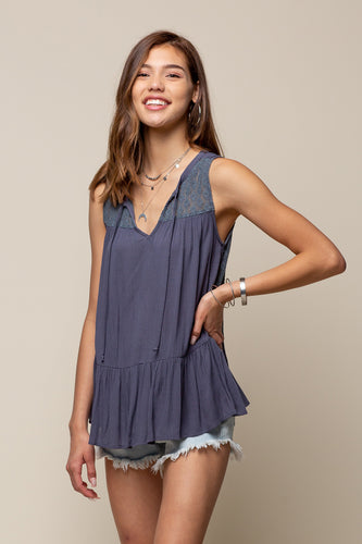 Aubrey Sleeveless Lace Insert Peplum Top (Blue Grey)