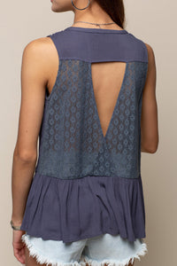 Aubrey Sleeveless Lace Insert Peplum Top (Blue Grey)