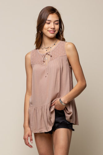Aubrey Sleeveless Lace Insert Peplum Top (Red Bean)