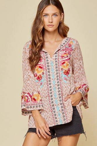 Penelope Embroidered Bell Sleeve Top (Rusti Multi)