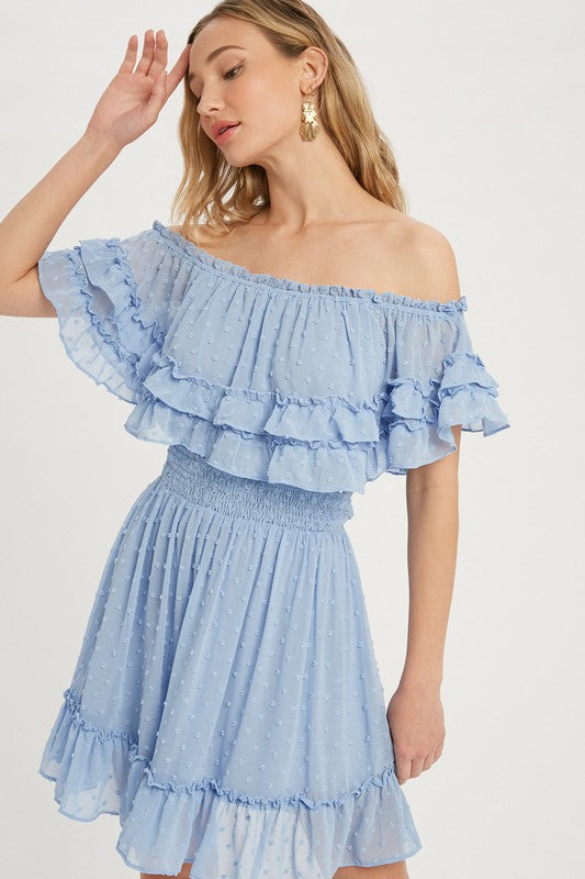 off the shoulder chambray dress Santa Barbara Off Shoulder Ruffle Hem Dress (Chambray) – Audrey 'n Elise