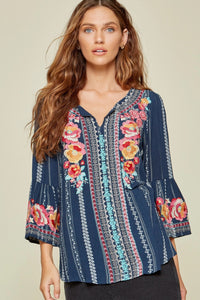 Scarlett Embroidered Bell Sleeve Top (Navy)