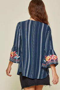 Scarlett Embroidered Bell Sleeve Top (Navy)