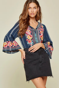 Scarlett Embroidered Bell Sleeve Top (Navy)
