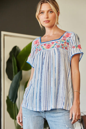 April Embroidered Striped Top (Ivory Blue)