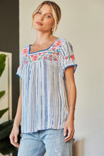 April Embroidered Striped Top (Ivory Blue)