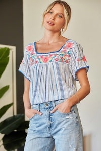 April Embroidered Striped Top (Ivory Blue)