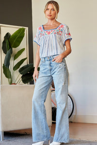 April Embroidered Striped Top (Ivory Blue)