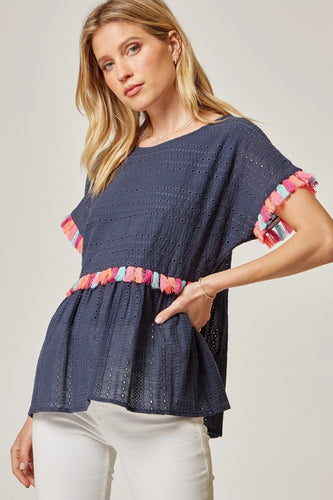 Eyelet Babydoll Top with Tassels (Navy)