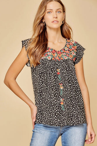 Adair Embroidered Dotted Top with Flutter Sleeve (Black Multi)