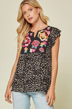 Grace Embroidered Top with Flutter Sleeve (Leopard Black)