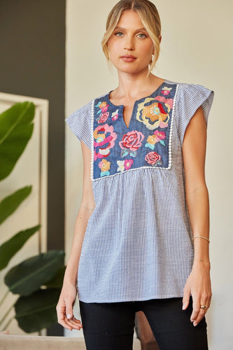 Savanna Pinstripe Embroidered Top (Denim)