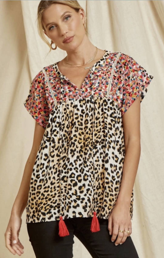 Mabel Embroidered Leopard Top with Tassel (Leopard)