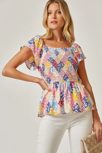 Patchwork Smocked Top with Flutter Sleeves (Ivory Multi)